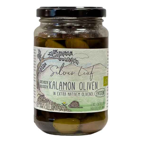 Silver_Leaf_KALAMON-OLIVEN_ENTSTEINT Kalamon Bio Oliven in Extra Nativem Olivenöl ohne Stein NEU, 300 g
