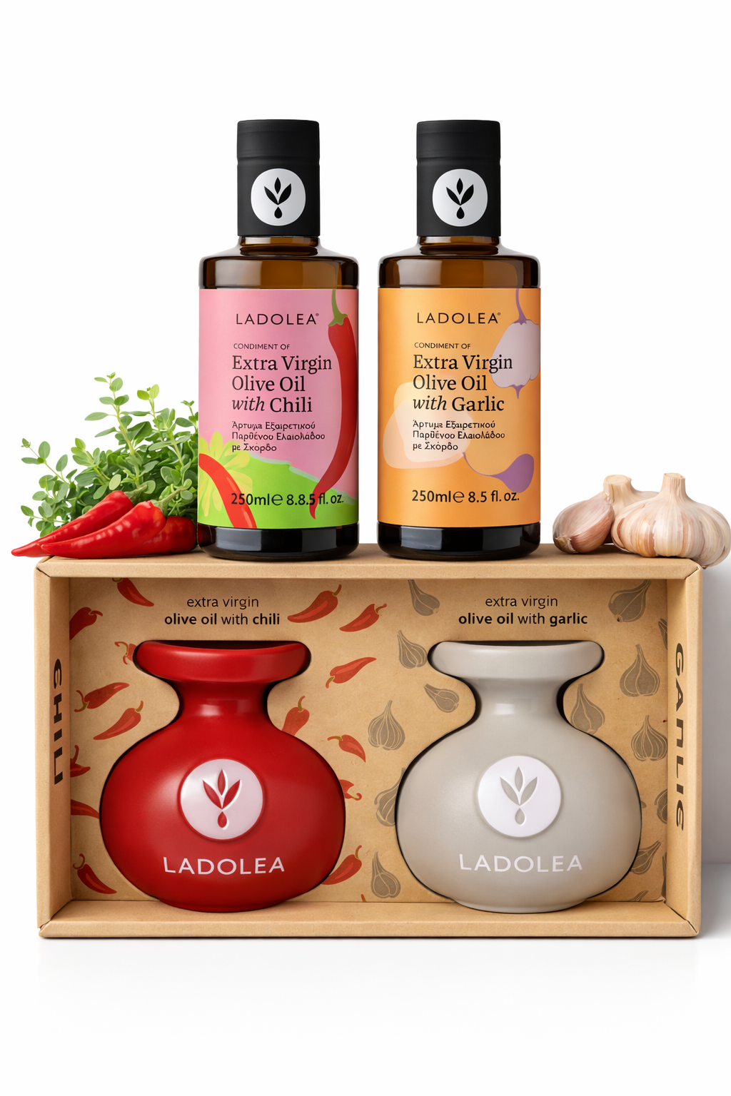 LADOLEA KERAMIK DUO-SET, BIO-OLIVENÖL EXTRA VERGINE MIT CHILI & KNOBLAUCH - SET (2X80ML UND 2X250ML)