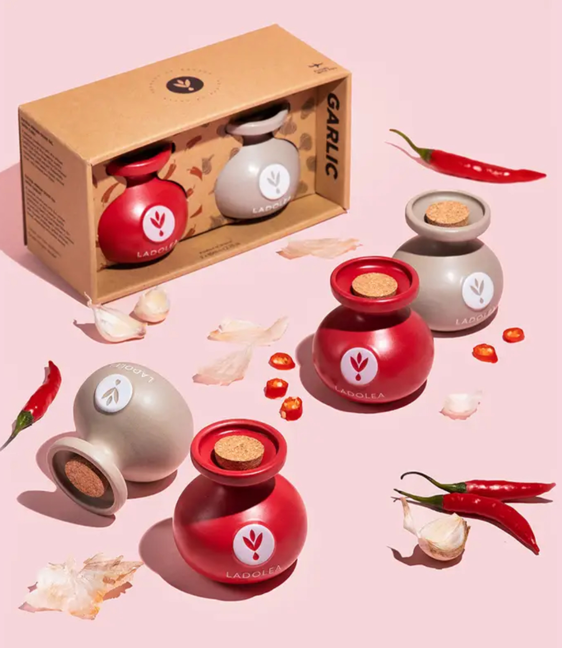 Ladolea Keramik Duo-Set, Bio-Olivenöl extra vergine mit Chili & Knoblauch, 2x80ml 