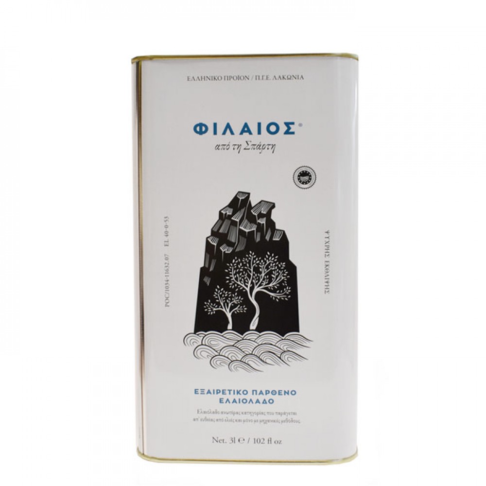 fileos-tin-3-liters Phileos Premium Olivenöl aus Sparta Ernte 2023/24, 3 Liter