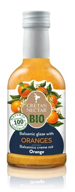 Cretan-Nectar-Bio-Balsamico-cream-Orange-Glas BIO Balsamico-Creme mit frischen kretischen Orangen, 200 ml