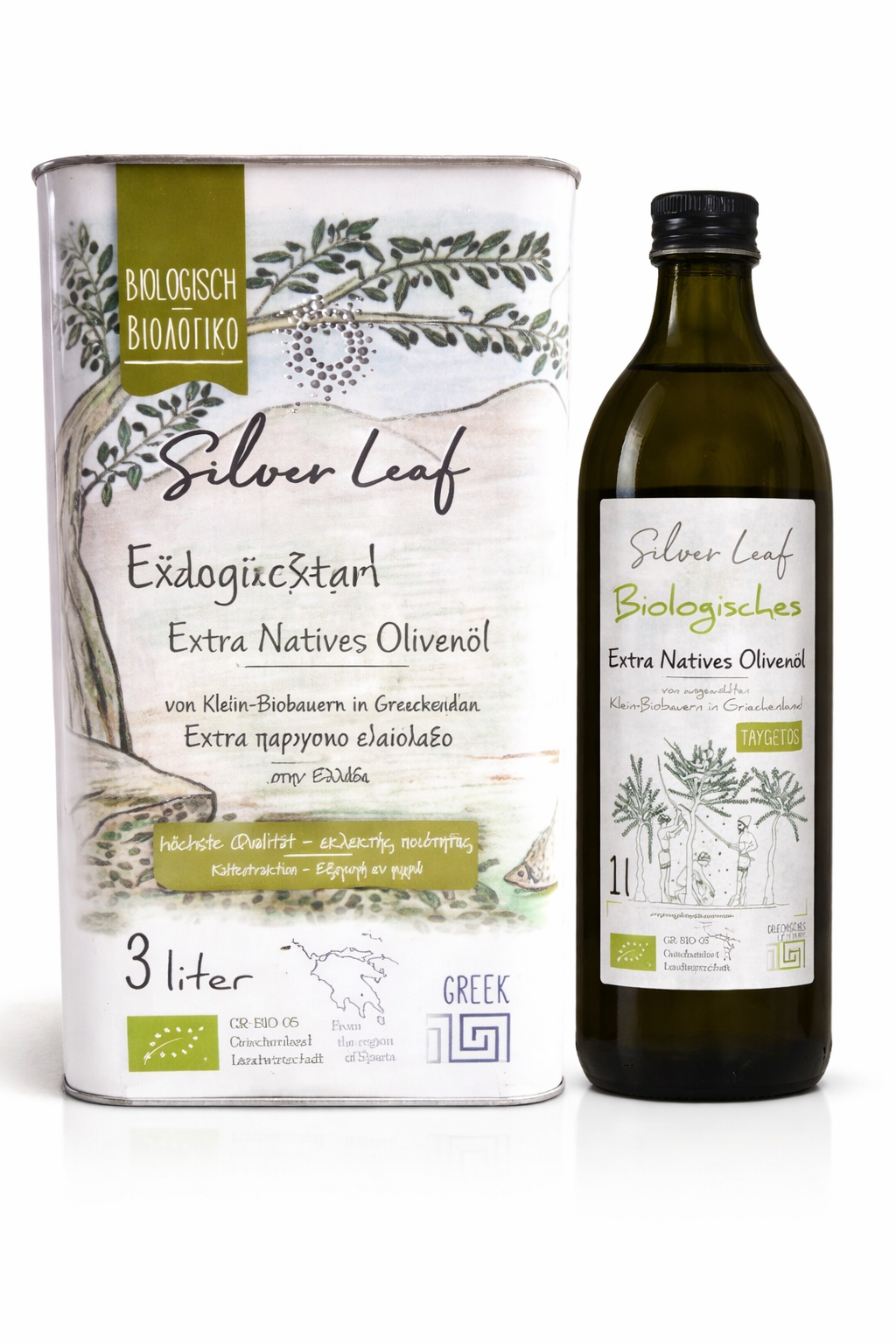Silver Leaf Bio Ultra Premium Olivenöl aus Sparta – Set (1 Liter & 3 Liter)