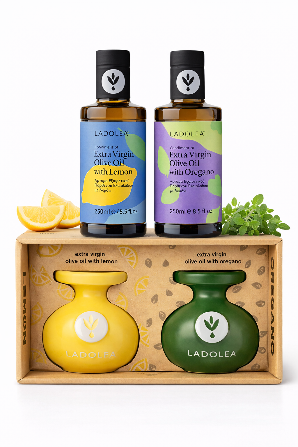 Ladolea Keramik Duo-Set, Bio-Olivenöl extra vergine mit Zitrone & Oregano - Set (2X80ML und 2X250ML)