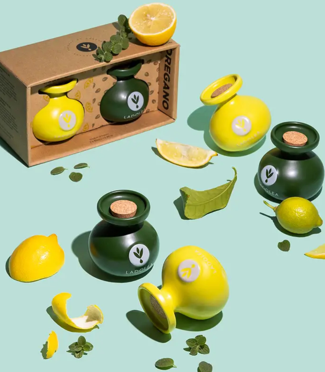 Ladolea Keramik Duo-Set, Bio-Olivenöl extra vergine mit Zitrone & Oregano, 2x80ml