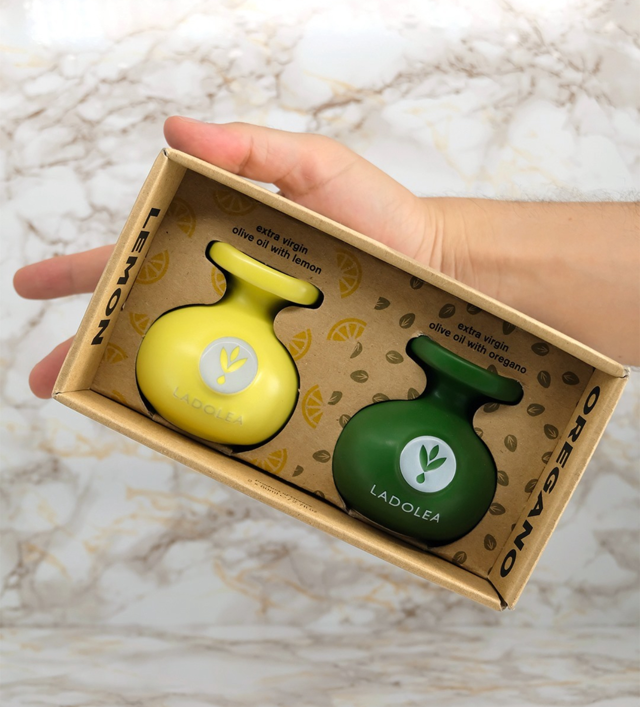 Ladolea Keramik Duo-Set, Bio-Olivenöl extra vergine mit Zitrone & Oregano, 2x80ml