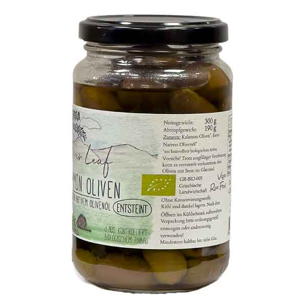 Silver_Leaf_KALAMON-OLIVEN_ENTSTEINT-R Kalamon Bio Oliven in Extra Nativem Olivenöl ohne Stein, 300 g