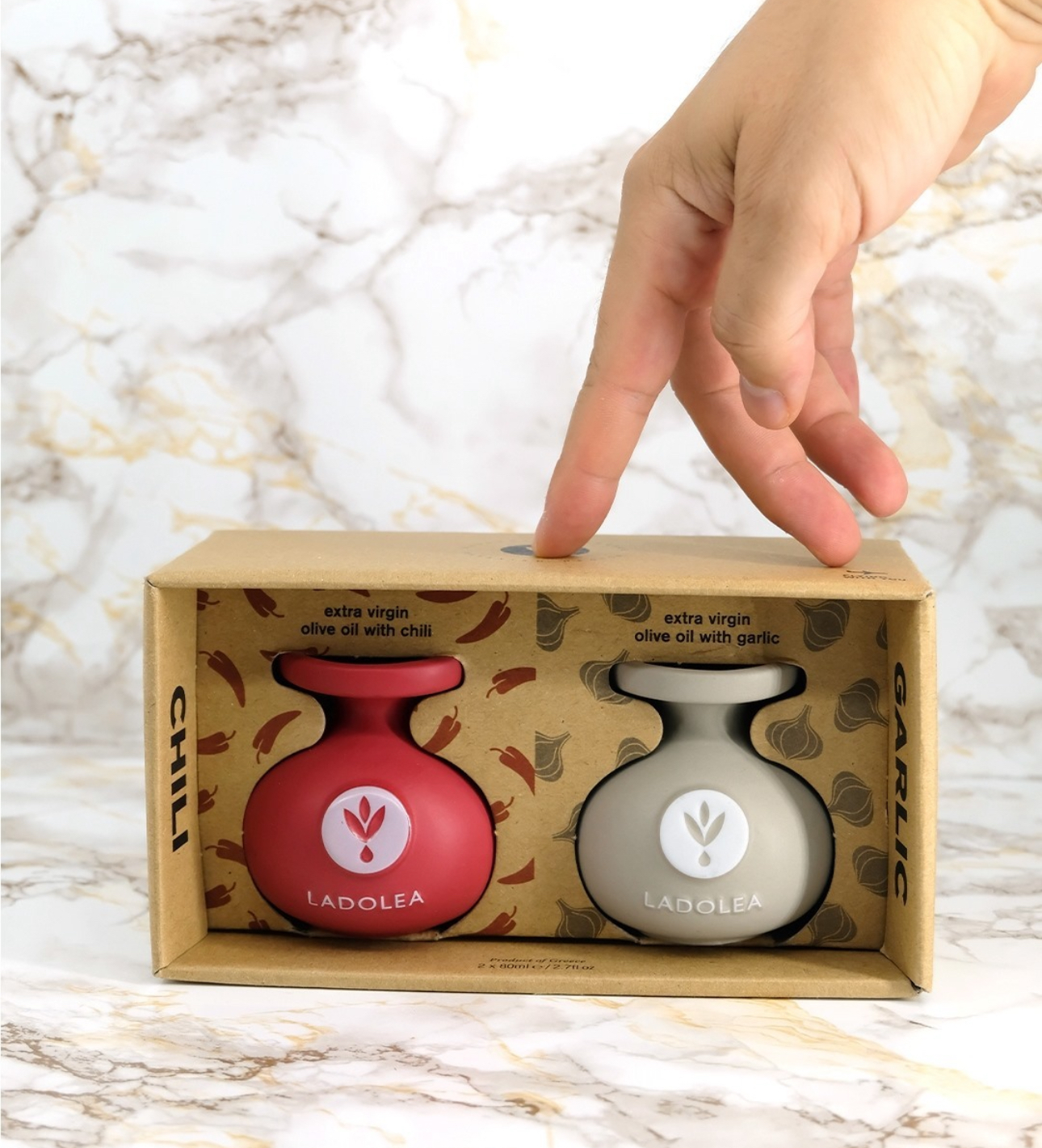 Ladolea Keramik Duo-Set, Bio-Olivenöl extra vergine mit Chili & Knoblauch, 2x80ml 