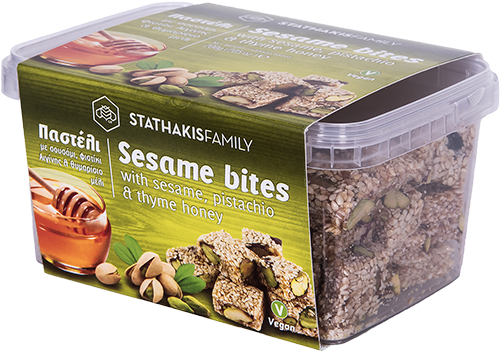 Stathakis-pasteli-sesame-bites-pistachio "Pasteli" Sesam Happen mit Pistazien und Thymianhonig,  MHD 15.06.2025 200 g