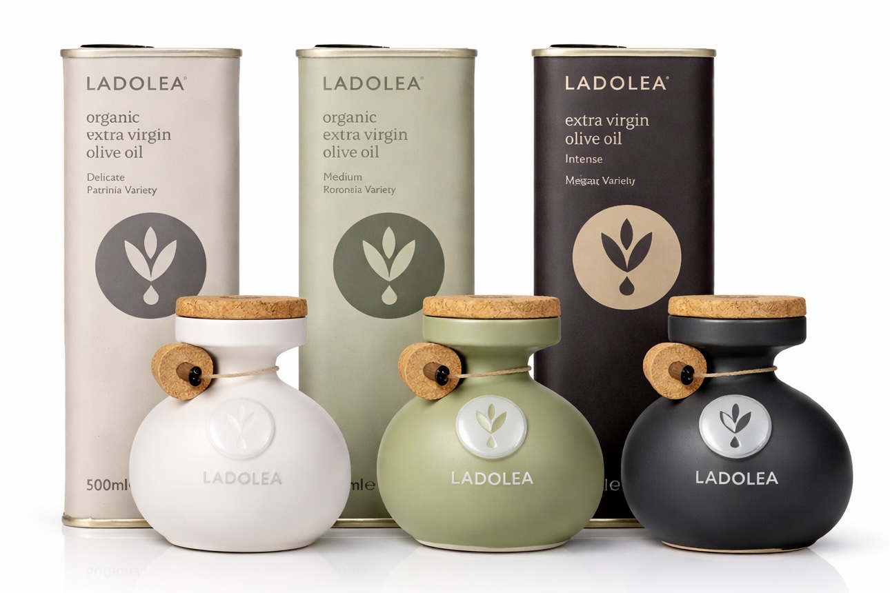 LADOLEA Premium Olivenöl Intense Megaritiki, Bio Medium Koroneiki & Bio Delicate Patrinia - Set (Keramik 3x 200 ml & 3x 500 ml Dose) 