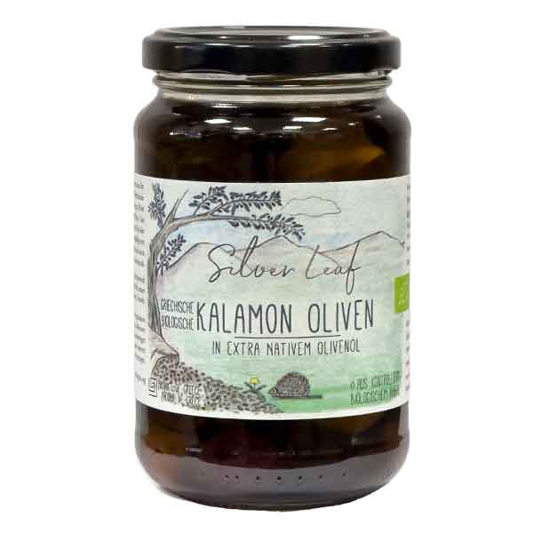 Silver_Leaf_KALAMON-OLIVEN Kalamon Bio Oliven in Extra Nativem Olivenöl mit Stein NEU, 330 g