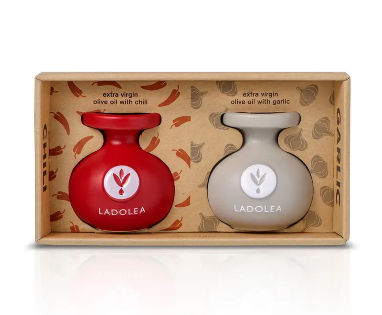 Ladolea Keramik Duo-Set, Bio-Olivenöl extra vergine mit Chili & Knoblauch, 2x80ml 