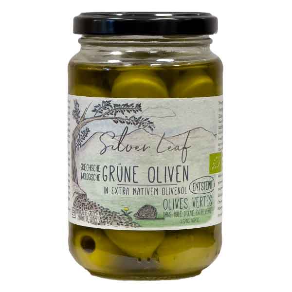 Silver_Leaf_GR-NE-OLIVEN_ENTSTEINT Grüne Bio Oliven in Extra Nativem Olivenöl ohne Stein NEU, 300 g